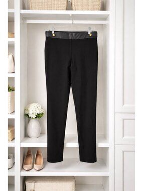 Anne Klein Womens Black Pull-On Stretch Ponte Pants Gold Crest Buttons M NWOT